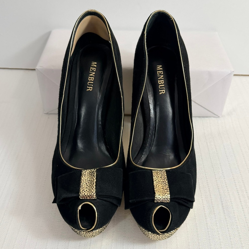 Menbur Womens Heels 40 Suede Peep Toe Platform Bow Gold Block Heel Black - Picture 2 of 7